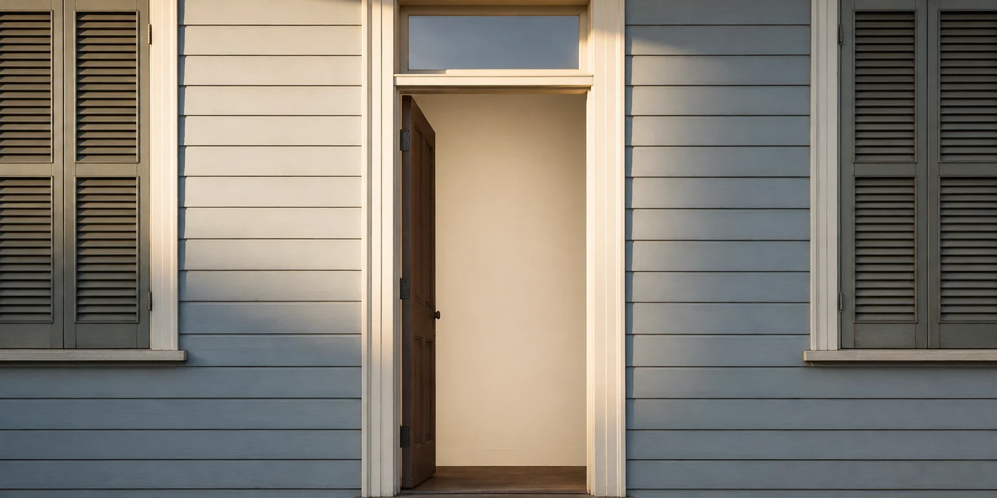 The open front door of a New Orleans shotgun house, seen from the sidewalk in late afternoon light.