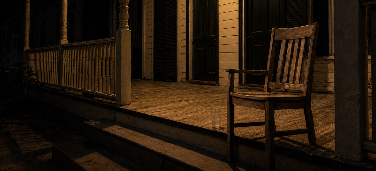 The empty wooden chair on the porch later in the evening.