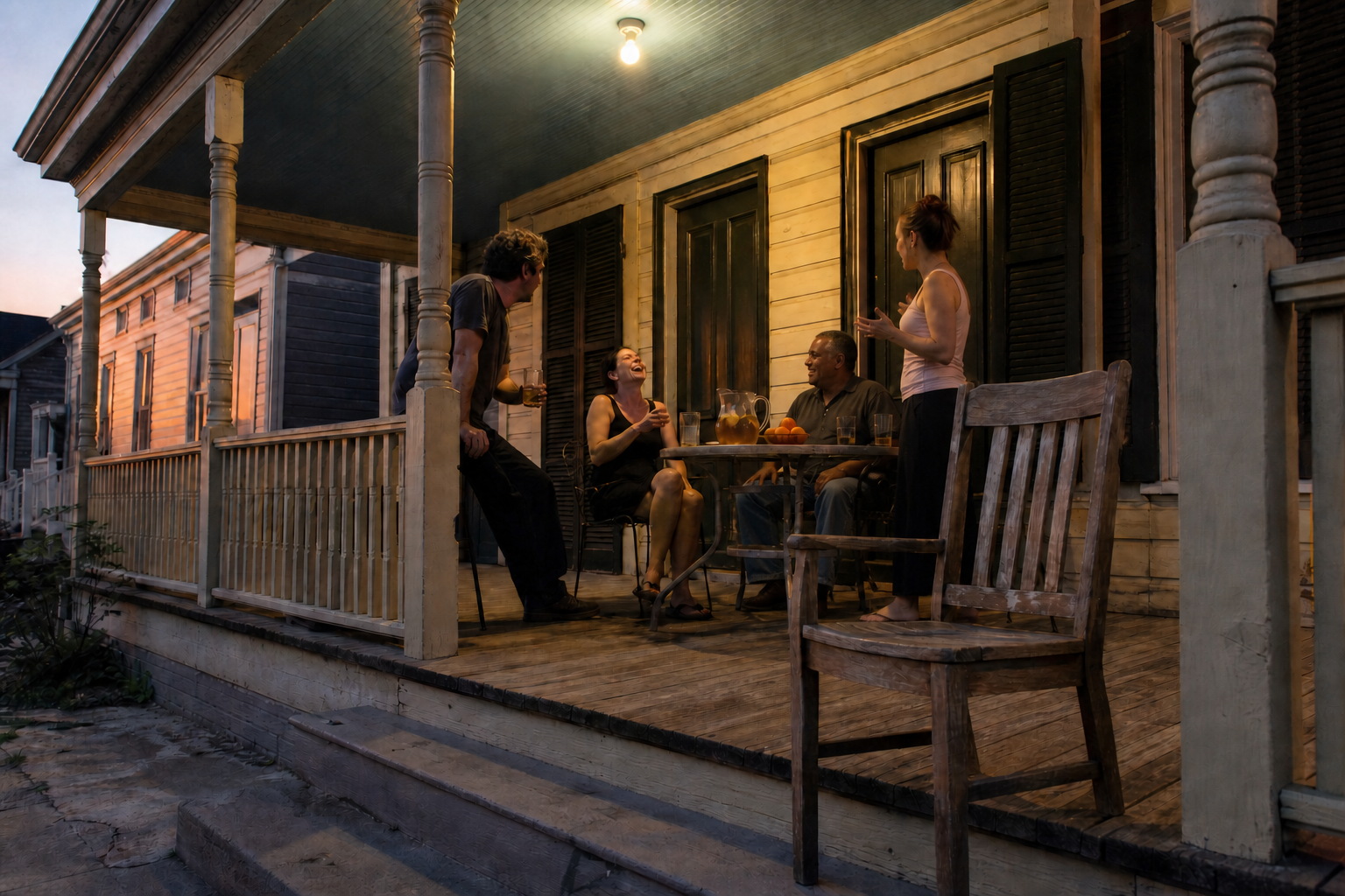Four people talking on the front porch of a New Orleans double shotgun house at dusk, with one empty wooden chair turned toward the steps.