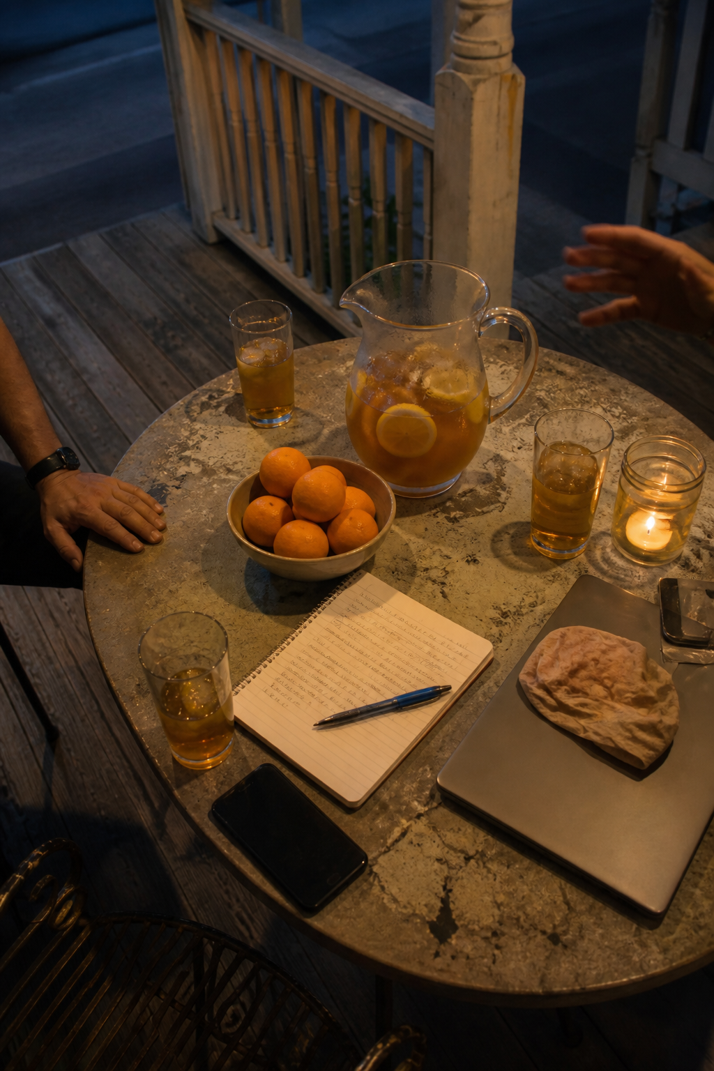 A round enamel table on the porch with a pitcher of iced tea, mismatched glasses, a bowl of satsumas and an open notebook.