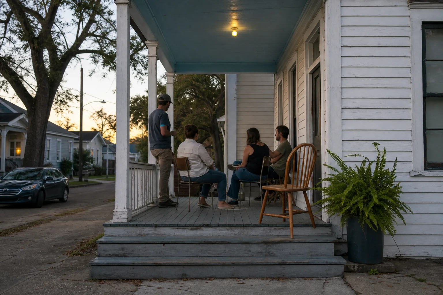 Four people talking on the front porch of a New Orleans shotgun house at dusk. The porch ceiling is painted pale blue, the bulb is on, and one wooden chair is empty.