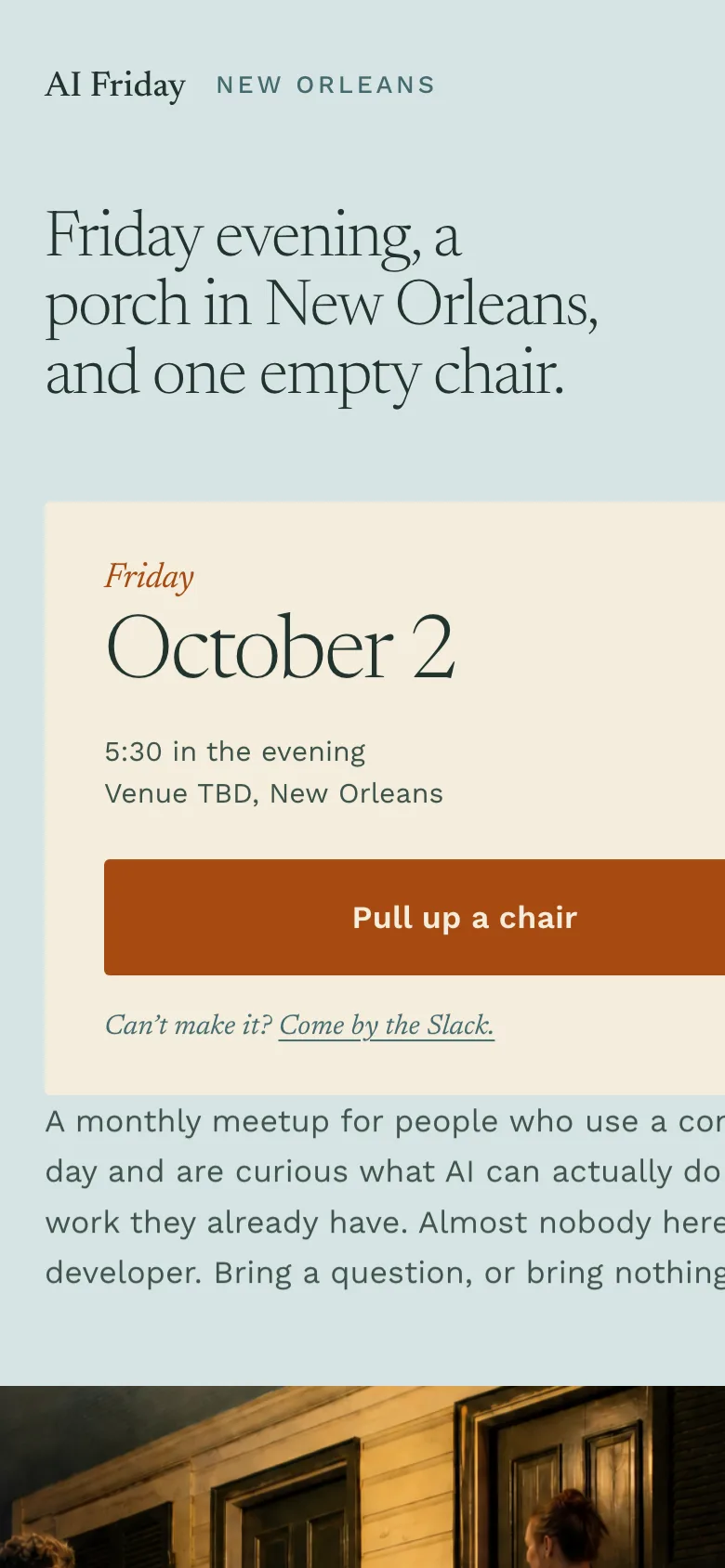 Front porch homepage at phone width